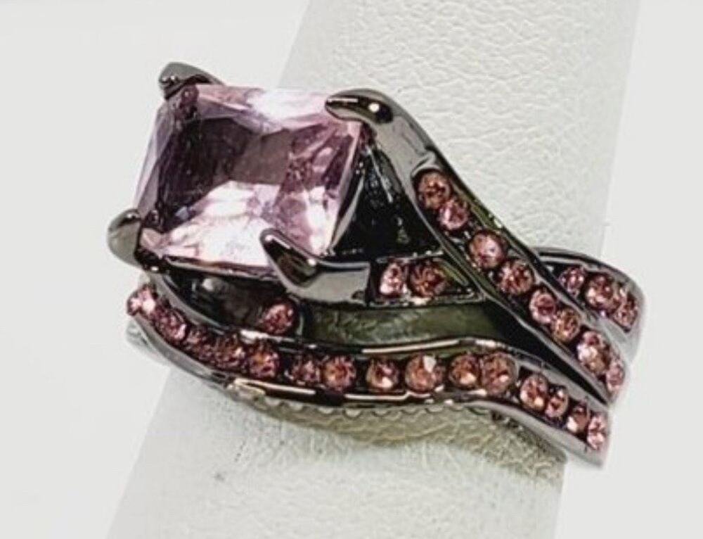 Ring Bridal Band Size 5.5 Pink Gunmetal Cushion Cut Goth Costume Jewelry